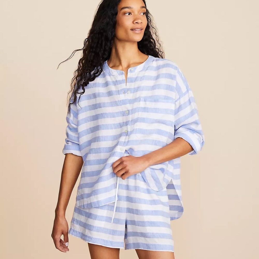 LOFT Lou & Grey Linen Shirt M Blue White Striped Button Front EUC
